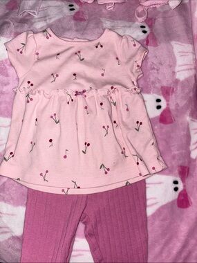 Girls Pink Cherry Print Top and Ribbed Leggings Set